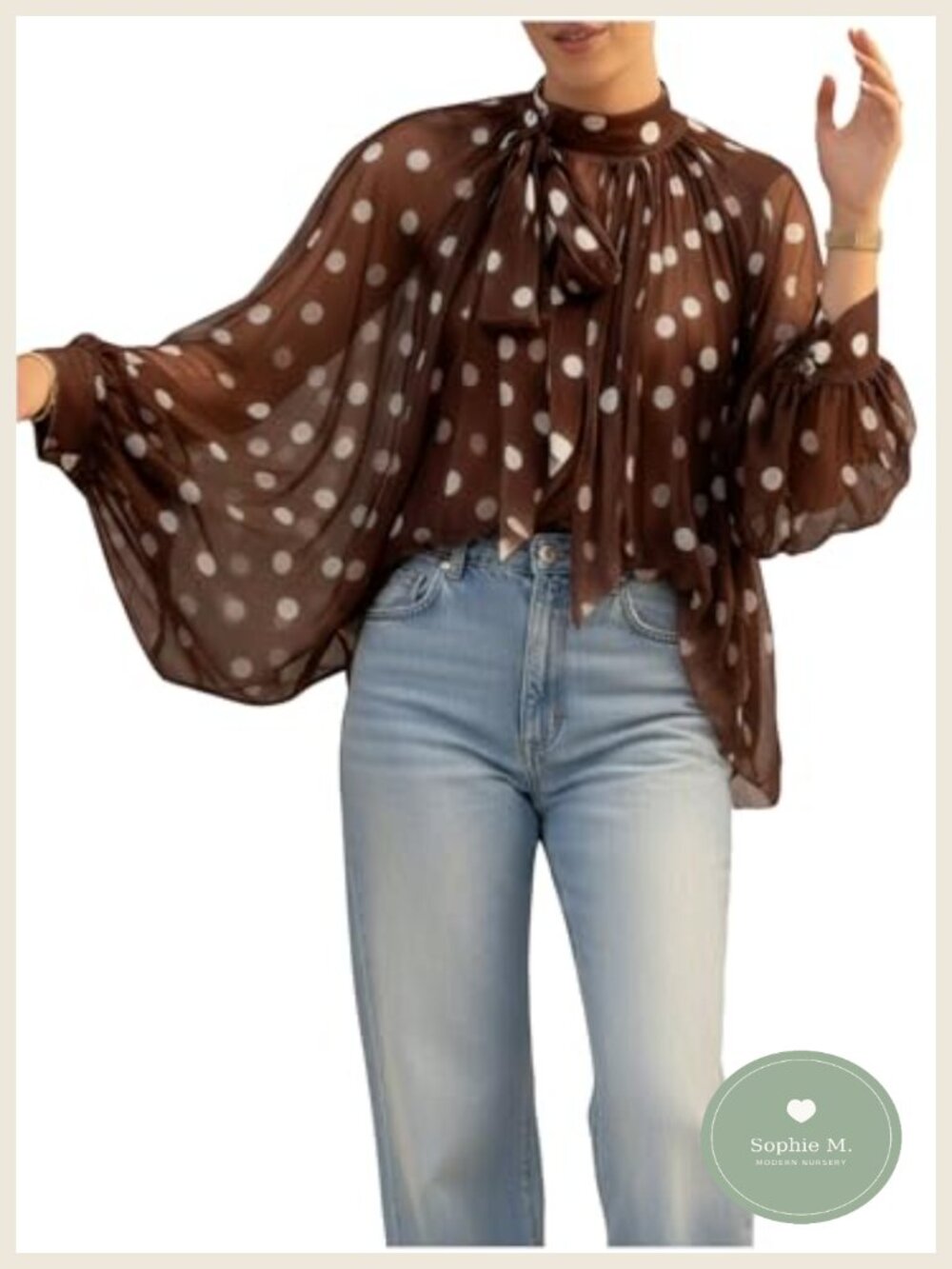 Women's Polka Dot Tie Neck Mesh Blouse Long Sleeve Sheer